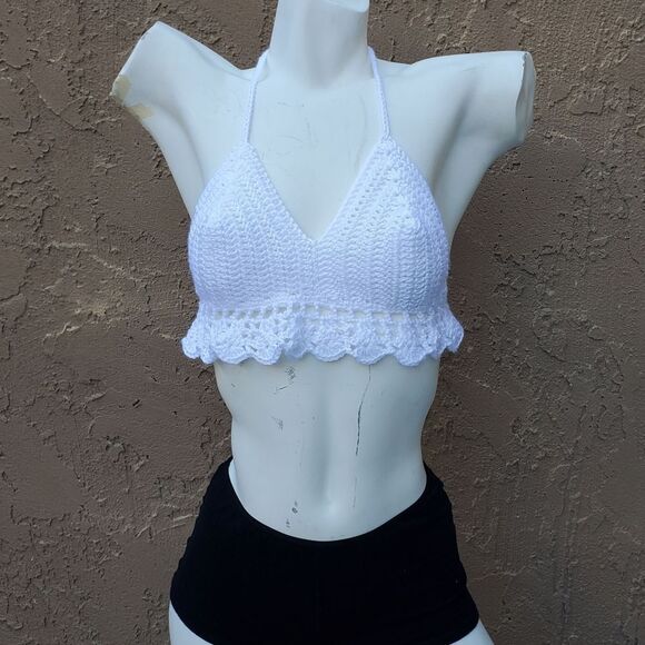 Hand Crafted White Crochet Halter Top Bralette Size M - Picture 1 of 8